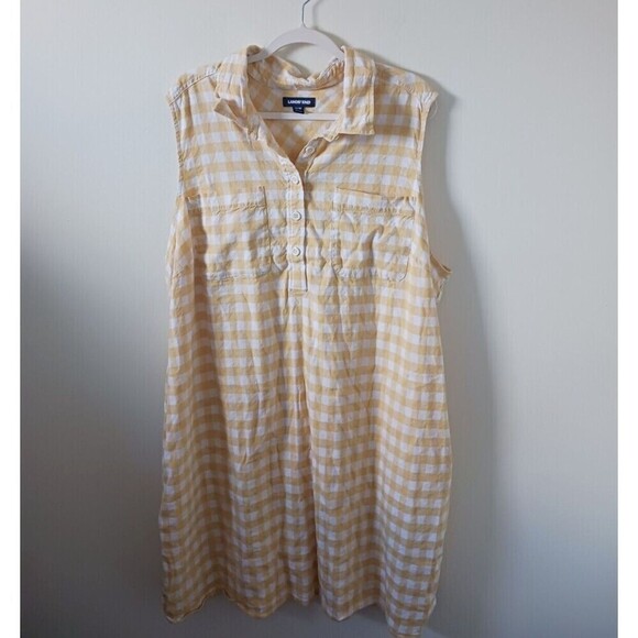 Lands' End Dresses & Skirts - Lands' End Linen Blend Shift Dress Plaid Sleeveless Yellow White 26W